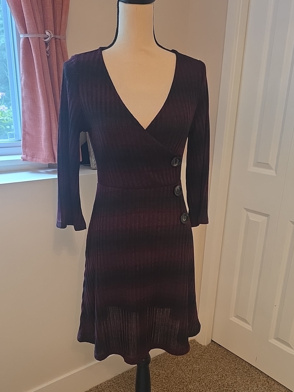Women’s Deep Plum Wrap Dress with Button Detail